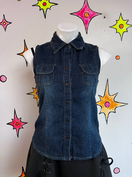Vintage Y2K Denim Sleeveless Button-Up Indie Sleaze Grunge Biker Vest – S