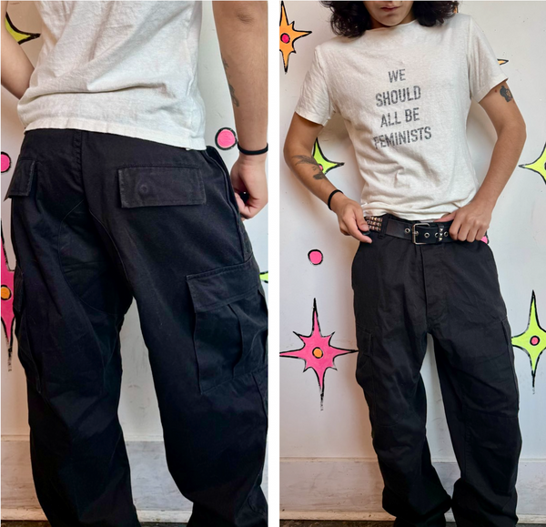 Y2K Black Cargo Pants Grunge Skater Utility Trousers Low Rise Indie Sleaze Baggy L