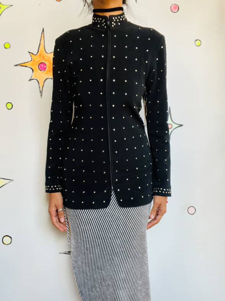 Vintage 80s/90s Tadashi Shoji Black Studded Zip-Up Blazer | Jacket | Size S/M