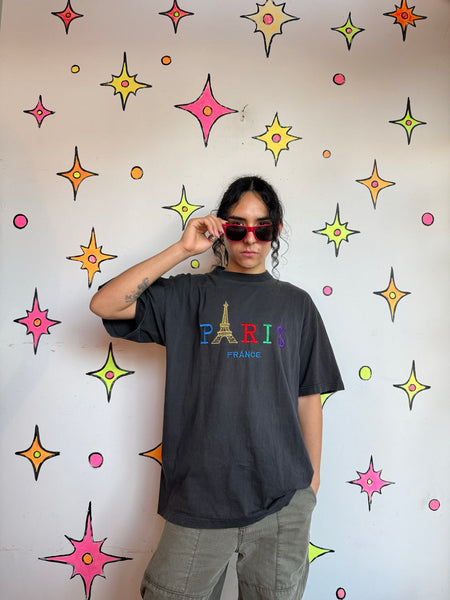 90s Paris France Embroidered Souvenir Tee Rainbow Eiffel Tower Pride T-Shirt L
