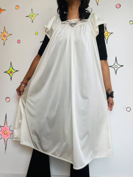 Vintage 70s 80s Off White Babydoll Lace Silky Nighty Gown Grunge Fairy Rococo M