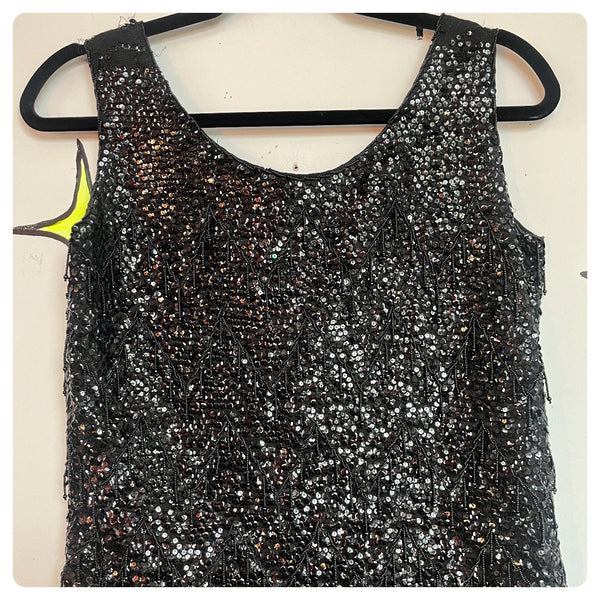 Vintage 1950s/60s Heavily Beaded & Sequin Flapper Blouse - Black Wool Top - S