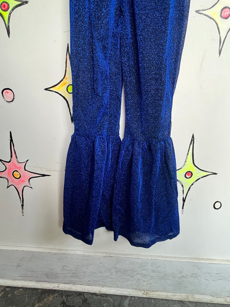 Blue Metallic Glitter Disco Halter Jumpsuit Glam Bellbottom Groovy Retro S