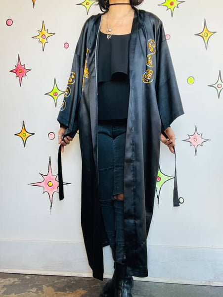 Vintage Black & Gold Satin Embroidered Kimono Lounge Robe w Dragon Size M-L