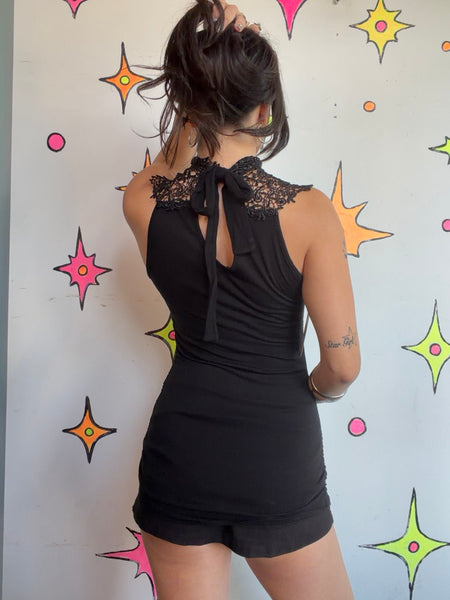 Black Lace Crochet Mini Dress Goth Fairy Grunge Romantic Vamp Layering Dress S