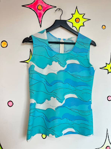 Vintage Groovy 60s 70s Nautical Sailor Art Print 2 Piece Mod Mini Dress Set S M