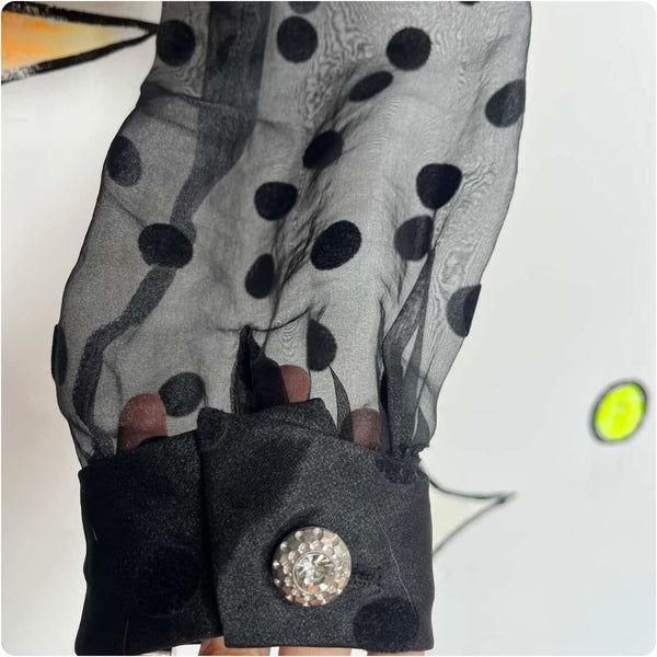 🖤 Vintage 80s Black Polka Dot Whimsy Goth Blazer Top - Sheer Puff Sleeves - S