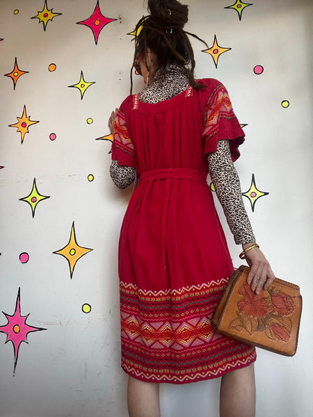 Vintage Mexican Embroidered Dress Red Oaxacan Folk Boho Fiesta Cotton - SM