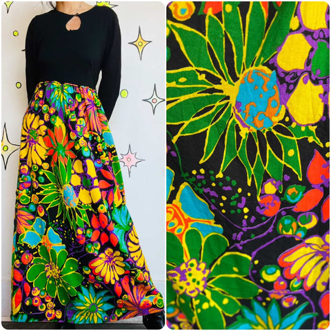 70s Psychedelic Floral Maxi Dress - Rainbow - Boho Fairy Grunge Witch - Small