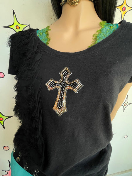 Tommy Hilfiger Y2K Embellish Cross Top Indie Sleaze Whimsy Goth Graphic Tee ML