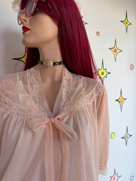 1950s Pink Pegnoir Chiffon Bed Jacket Rococo Kawaii Babydoll Boudoir Cape M/L