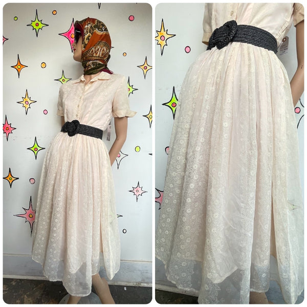 1950s Pastel Pink Fit & Flare Twirl Dress Retro Babydoll Distressed Kawaii S/M