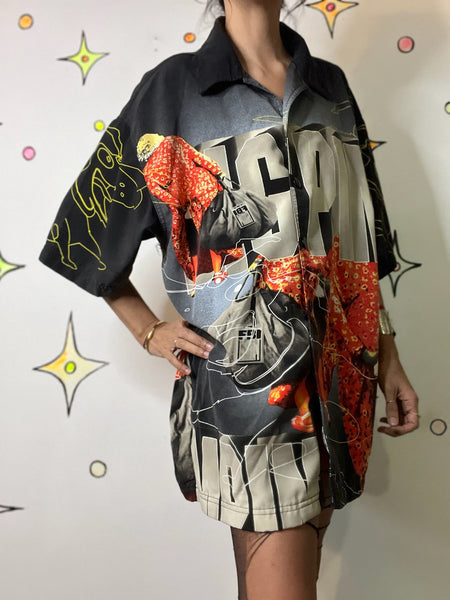 Vintage Urban Collage Print Button Up Street Style Graffiti Art Party Shirt XL