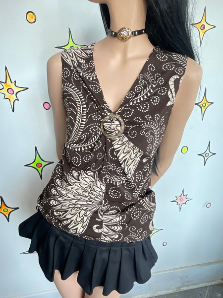 Y2K Paisley Stretch Top 90s Abstract Art Print Earth Tone Boho Fairy Blouse M