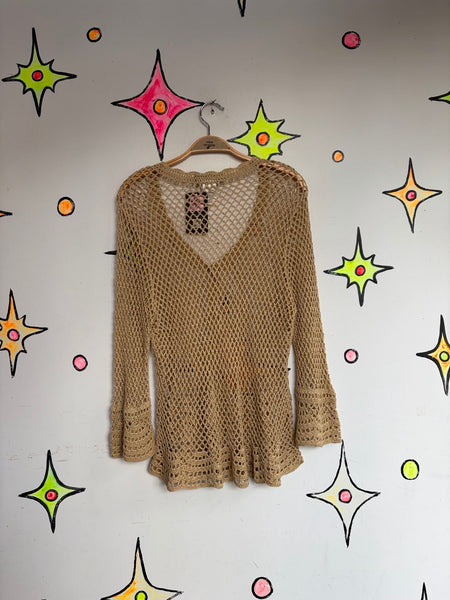 90s Prairie Beige Crochet Lace Cardigan Boho Western Whimsy Grunge | L