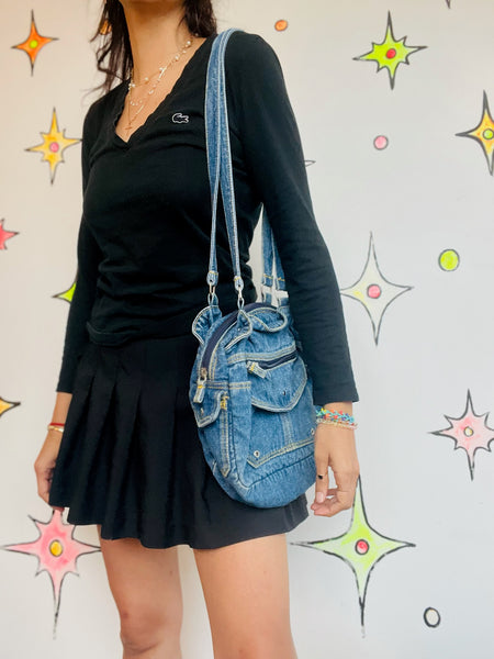 Vintage 80s Blue Denim Multi-Pocket Crossbody Bag – Fairy Grunge Boho Purse