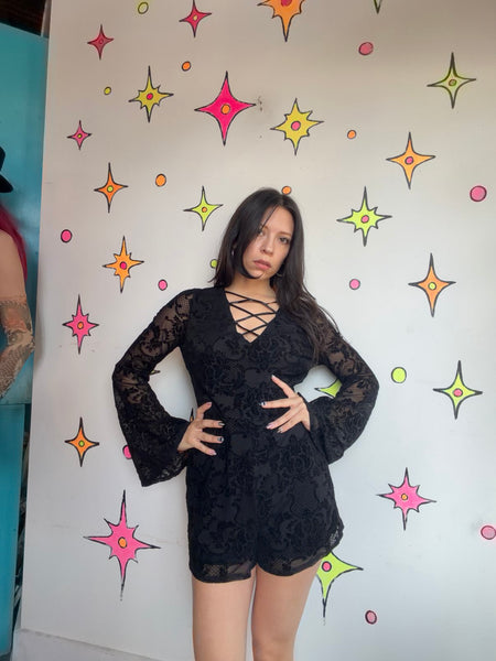 Vintage Black Velvet Burnout Playsuit Goth Fairy Grunge Bell Sleeve Romper L