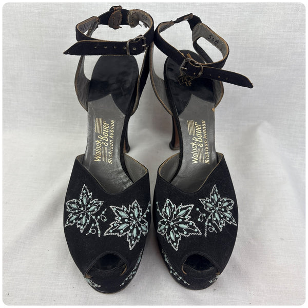 Vintage 1940s Black Embellished Peeptoe Platform Heels Designer Shoes - 7 - 7.5