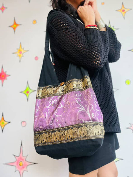 Vintage Beaded Black Gold & Purple Boho Fairy Grunge Tote Bag - Elephant Print
