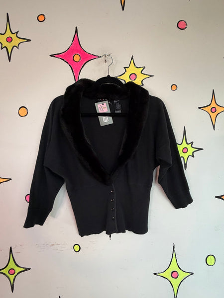 90s Black Faux Fur Trim Cardigan Goth Grunge Glam Cropped Sweater - Large