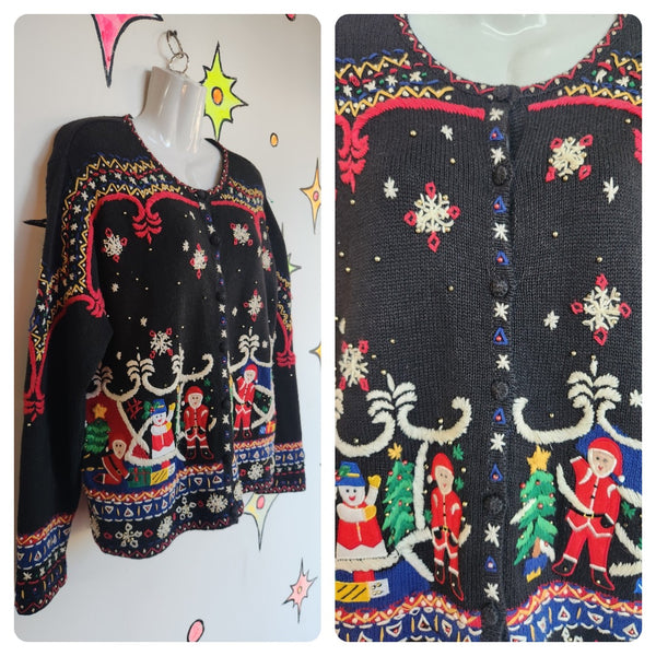 Vintage 90s | Santa Christmas Tree Tacky Ugly Embellished Christmas Sweater | M