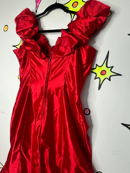 Vintage 80s Shiny Red Poofy Party Dress Prom Wild Glam New Wave Formal M