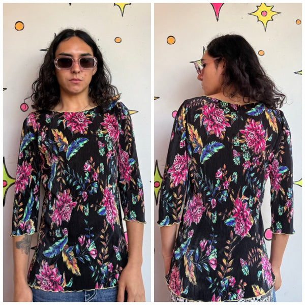 Vintage Black Floral Pleated Blouse 90s Whimsigoth Fairy Romantic Top S
