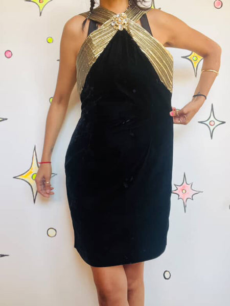 Vintage 80s 90s Black & Gold Velvet Party Mini Dress – Glam Goth – Sz 10 Petite