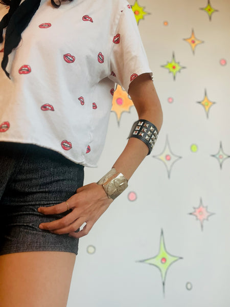 Vintage Black Vegan Leather Pyramid Studded Embellished Leather Punk Bracelet