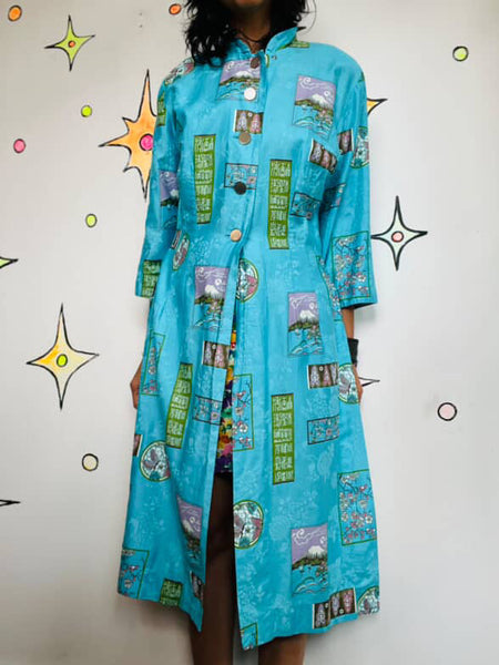 Vintage 1950s- 60s Blue Kimono Geisha Wiggle Tiki Dress - Mid Century - M/L