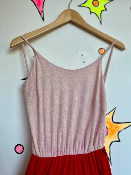 Retro 70s Pink & Red Terry Cloth Midi Dress – Soft Lounge Boho Resort Style S/M