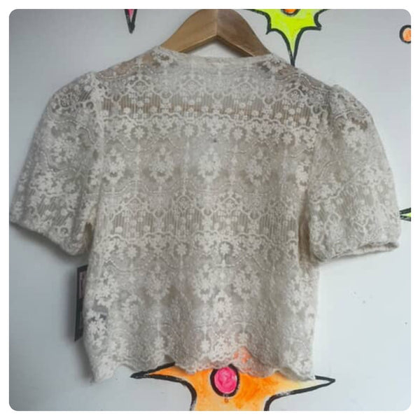 Vintage 90s | Off White Sheer Lace Rococo Babydoll Steampunk Crop Top Blouse | S