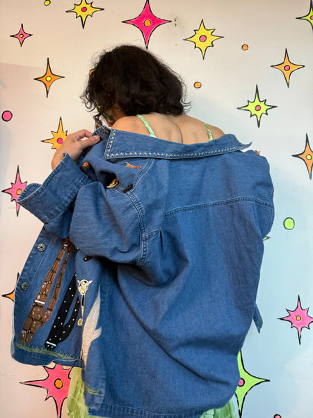 80s 90s Cat Print Shirt Embroidered Denim Button Up Kitschy Western Novelty L
