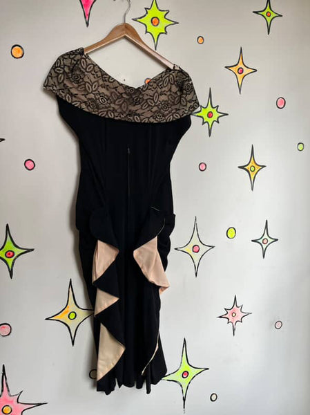 1950s Black Mermaid Wiggle Cocktail Dress | Cascade Ruffles | Old Hollywood | ML