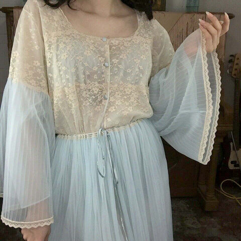 Vintage 60s Blue Double Layer Chiffon and Lace Robe | M/L