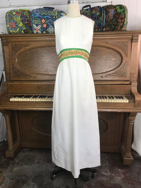 Vintage 60s 70s Mod Mid Century Maxi Prom Party Wedding Cocktail Beaded Cut Out Back Dress XS