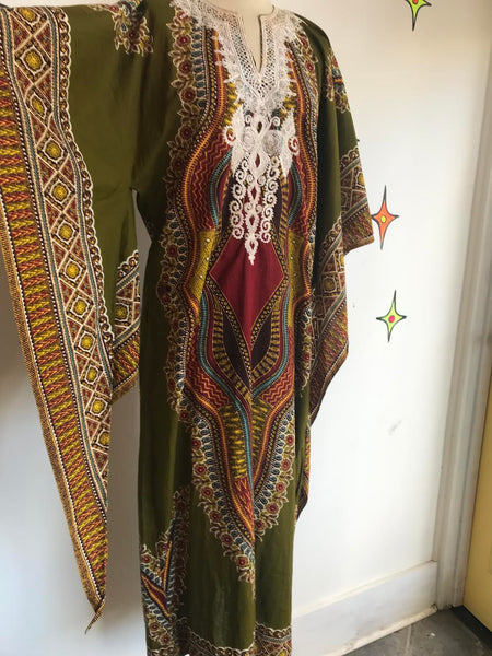 Vintage 1970s | Kaftan Muumuu Boho Hippie Gown Dashiki Bell Sleeve Dress | XL