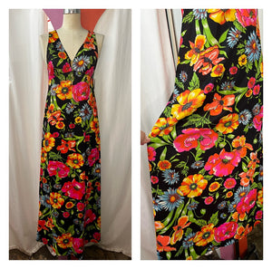 Vintage 60s 70s | Psychedelic Groovy Floral Maxi Gown Dress | Size S