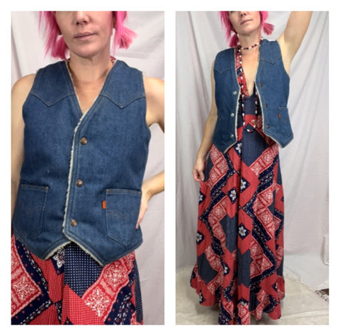 Vintage 70s | Levi Denim Vest Western Bohemian Sherpa Lined | Size M 10