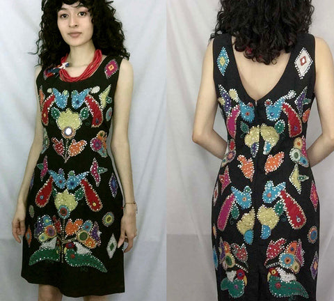 VTG 80s | Beaded Ramient Fashions Applique Mexican Boho Cotton Mirror Dress | S