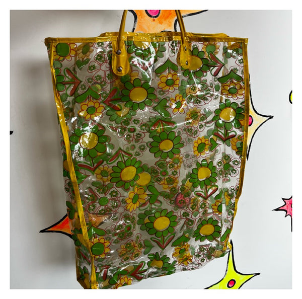 Vintage 1960's 60s | Mod Boho Hippie Clear Flower Power Vinyl Plastic Tote Bag