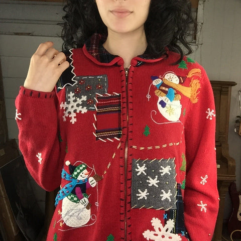 Vintage | Patchwork Tacky Ugly Christmas Sweater Cardigan | Woman’s Size PL