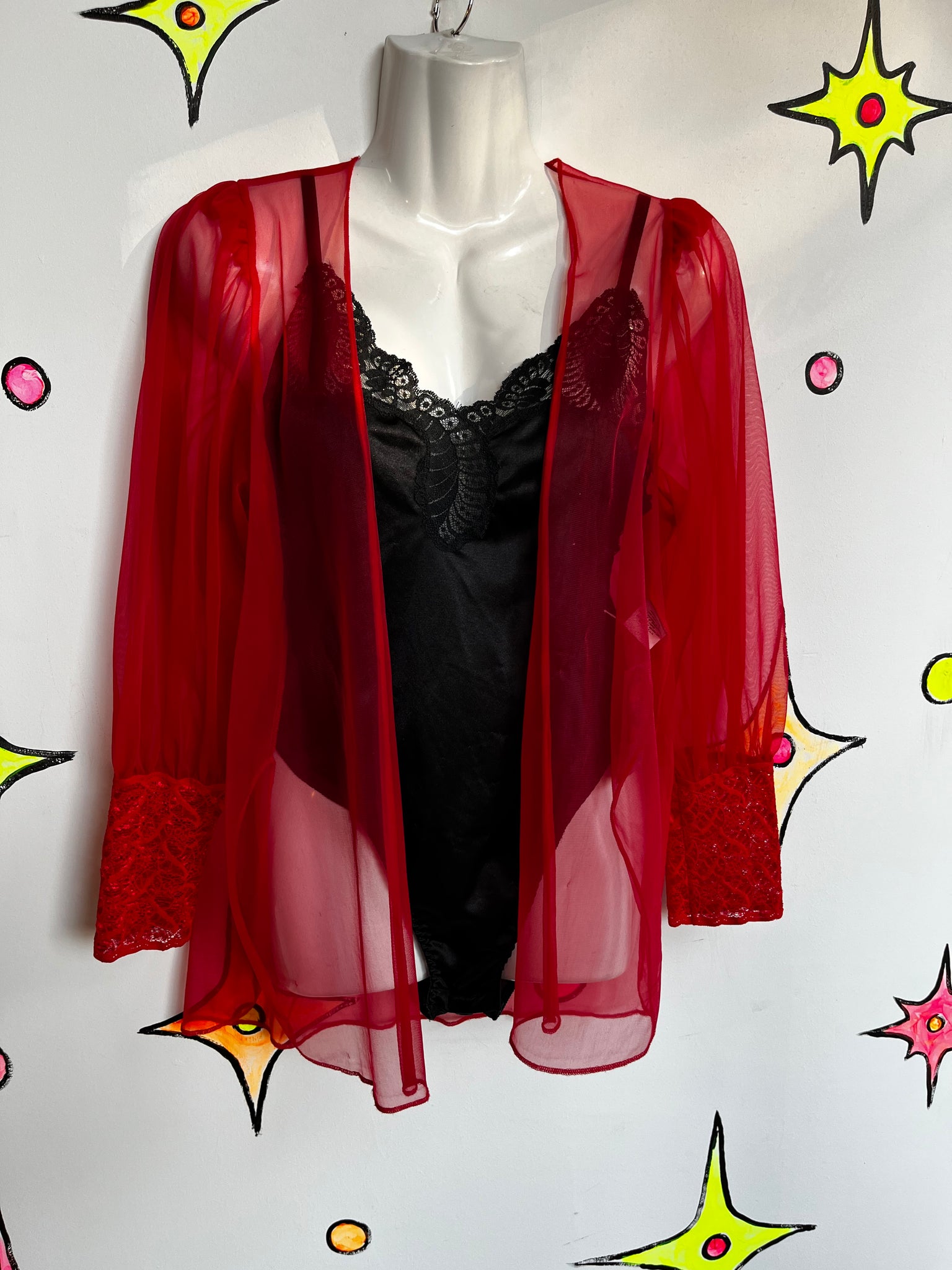 Vintage 50s 60s | Red Sheer Pegnoir Nighty Robe Kimono | Size Medium
