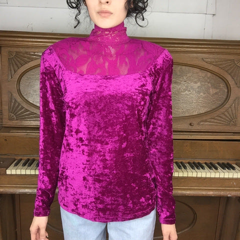 Vintage | Victorian Edwardian Romantic Steampunk High Collar Velvet Blouse | M