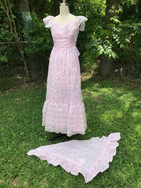 VTG 70s | Pink Gunne Sax Style Prom Prairie Lace Edwardian Boho Dress | XS