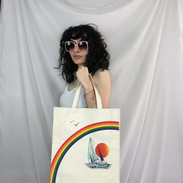 Vintage 70s | Rainbow Sailboat Boho Hippie Canvas Novelty Beach Tote Bag Handbag