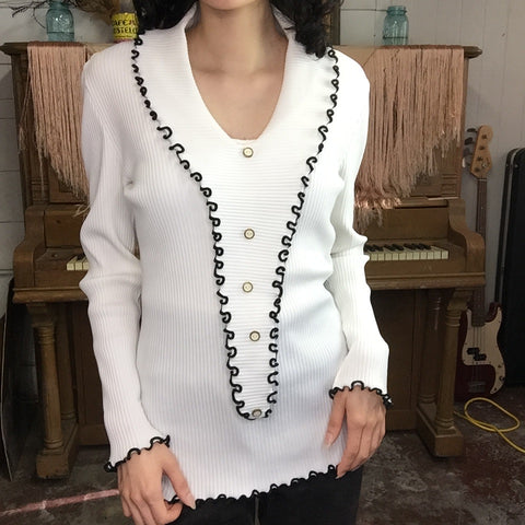 Vintage 60s 70s | White & Black Mod GoGo Ribbed Lettuce Trim Blouse Top | Size S