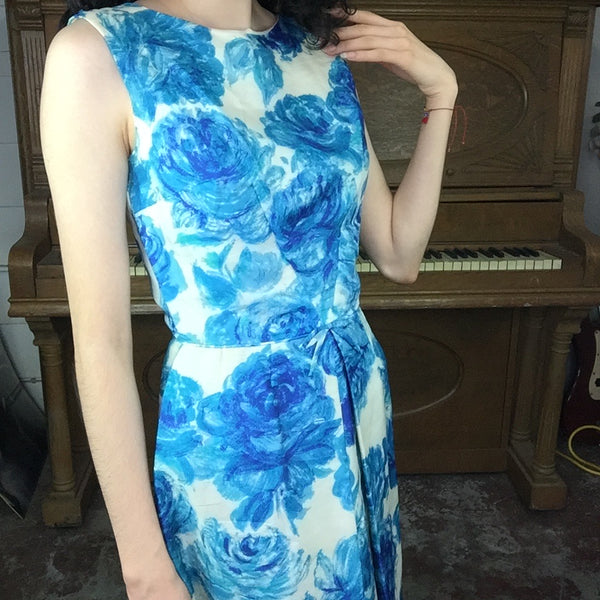 Vintage 50s 60s | MOD Blue Floral Wiggle Party Dress | Size XS