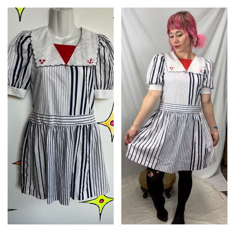 Vintage 80s | Striped Nautical Sailor Babydoll Mini Dress | Size S