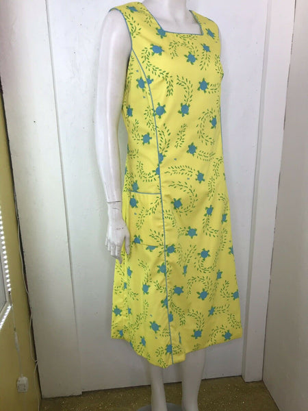 Vintage THE VESTED GENTRESS Retro Hand Screen Print Turtles Yellow Blue Dress 10